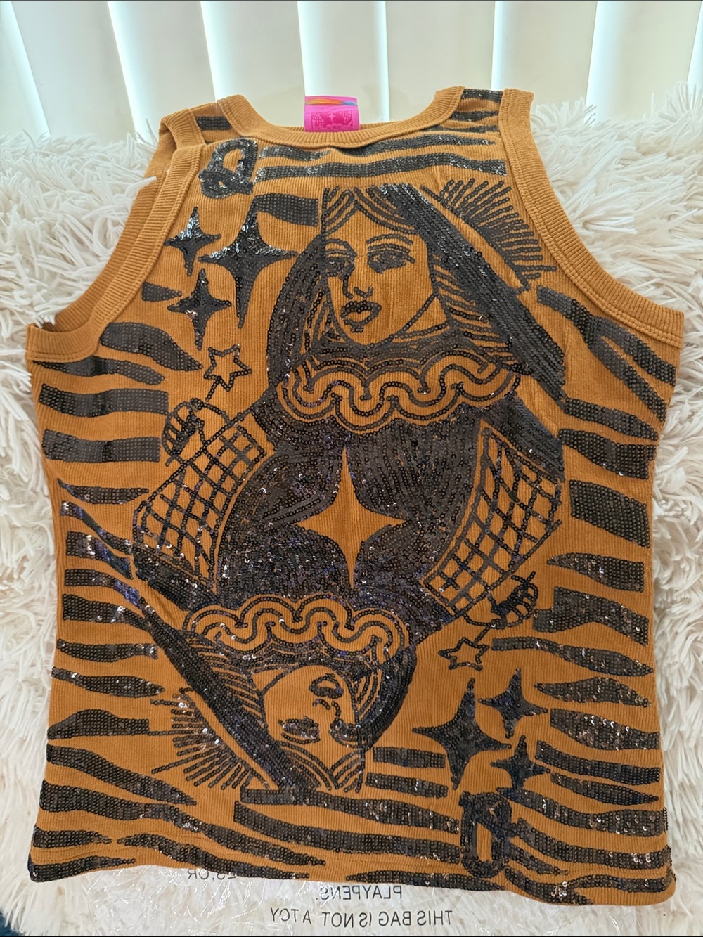 QUEEN OF SPARKLES Mustard Tank Top with Black Sequin Graphic.